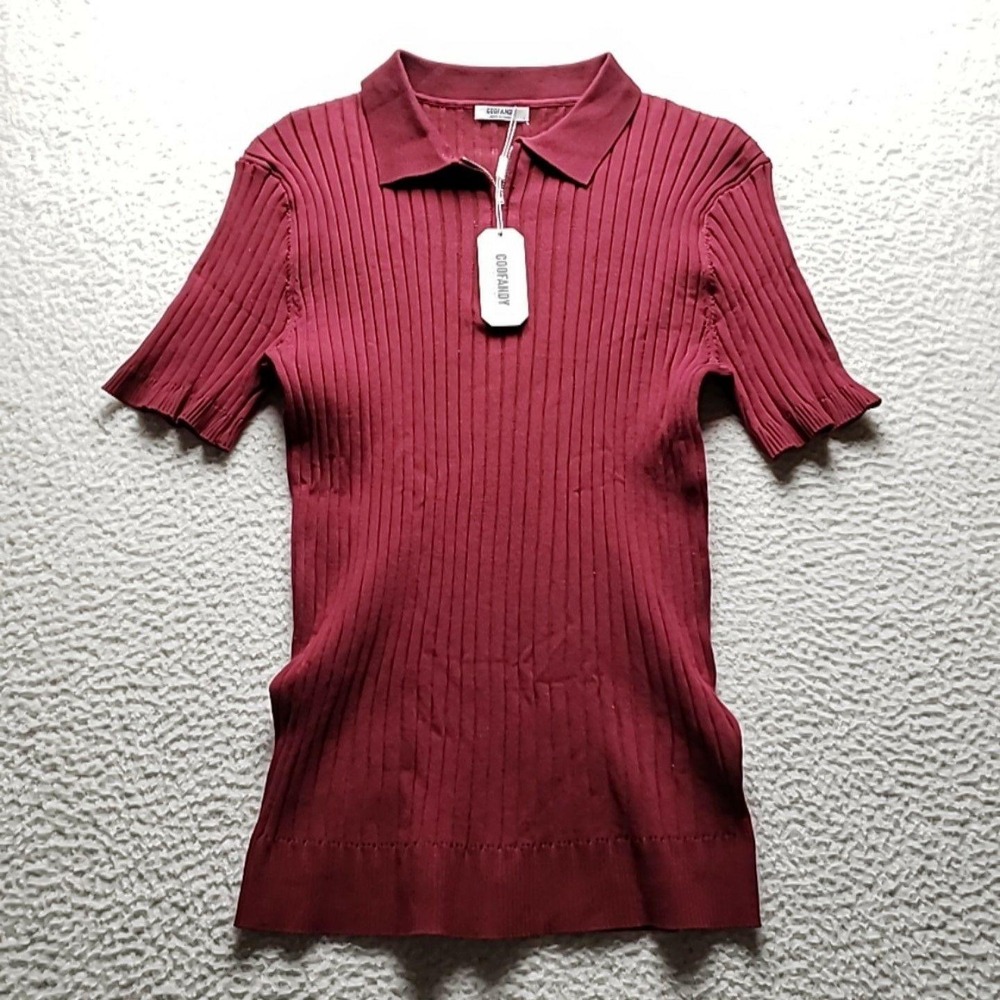 Coofandy Polo Shirt Mens L Red Solid Ribbed Knit Stretch Zip Collar Top